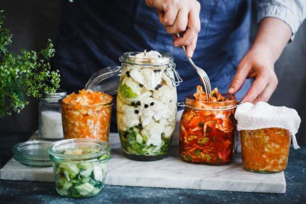fermented foods with probiotics such as kombucha, sauerkraut, and kimchi