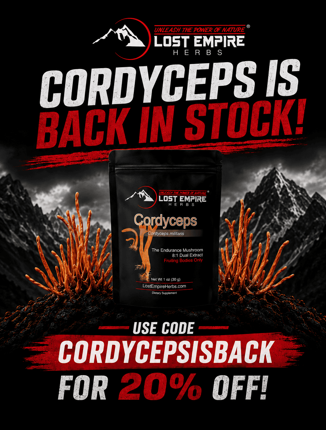 Lost Empire Herbs Cordyceps supplement with mountain background and promotional text.
