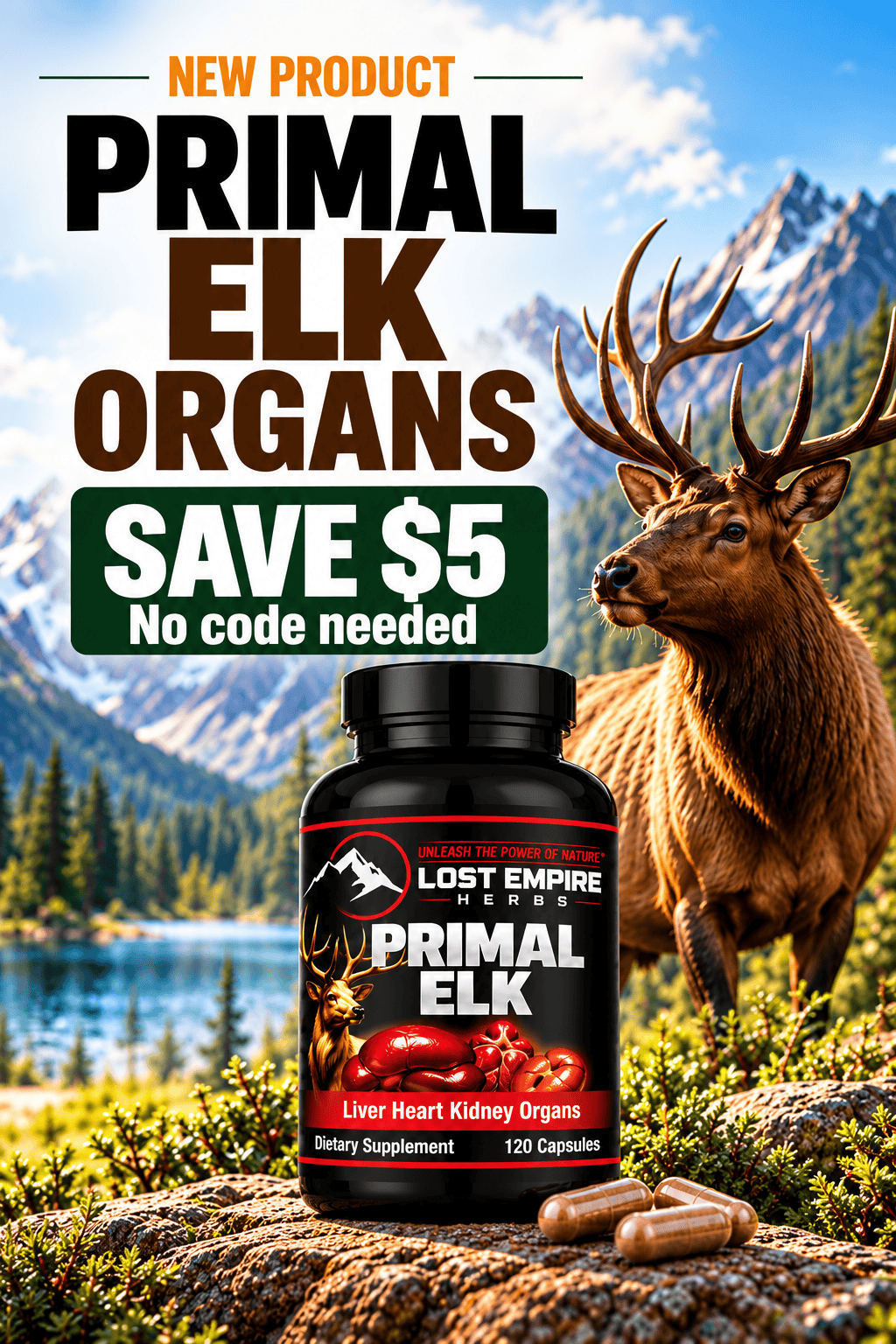 Primal Elk Organ supplement bottle with elk in mountain landscape.