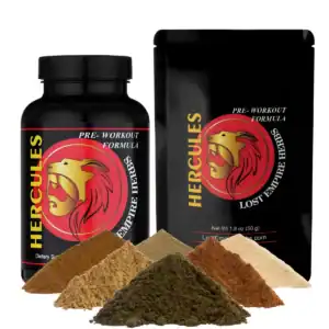 Heracles pre-workout supplement powder with lion logo and herbal ingredients.